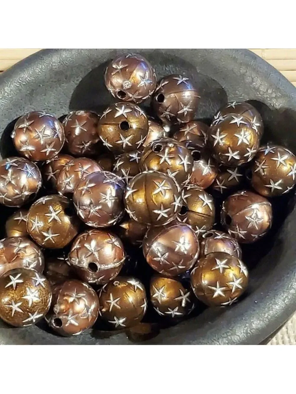 10 Vintage Retro Brown Silver Stars 12mm Round Acrylic Shabby Chic Beads
